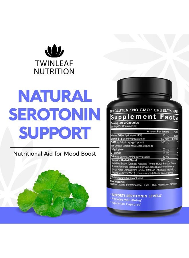 TWINLEAF 5 HTP Supplement with GABA, 1000mg Blend - Natural Aid Made in USA - Proprietary Formula for Mood and Relaxation, 60 Vegan Capsules - 5-HTP + Vitamin B 6 & Vitamin B 12 - No GMO - Image 2